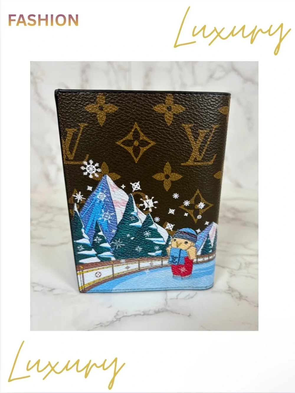 PASSPORT: Brown & Blue Winter Scene w/Monogram, NIB